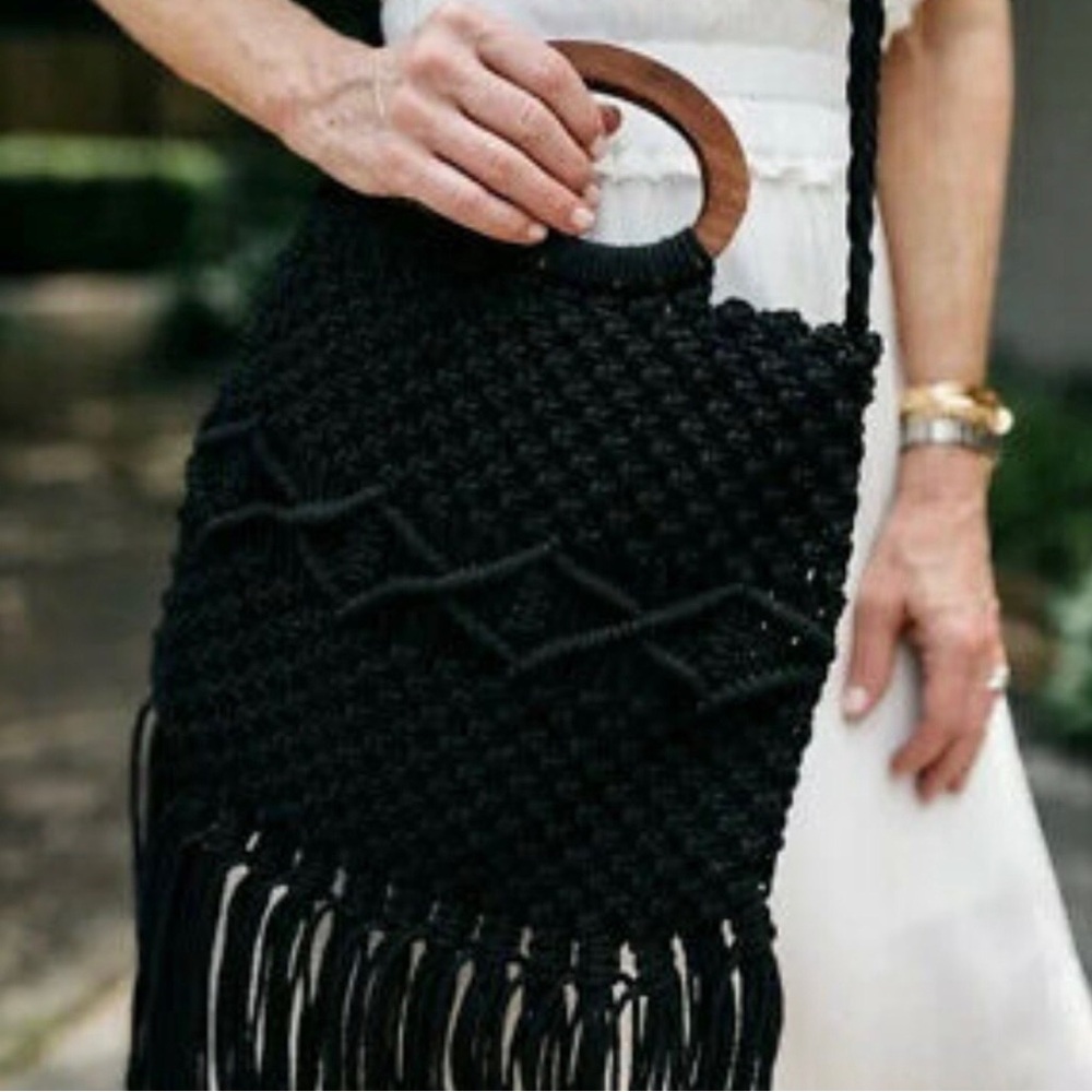 Danielle Nicole Black Fringe Macrame Crossbody Ba… - image 3